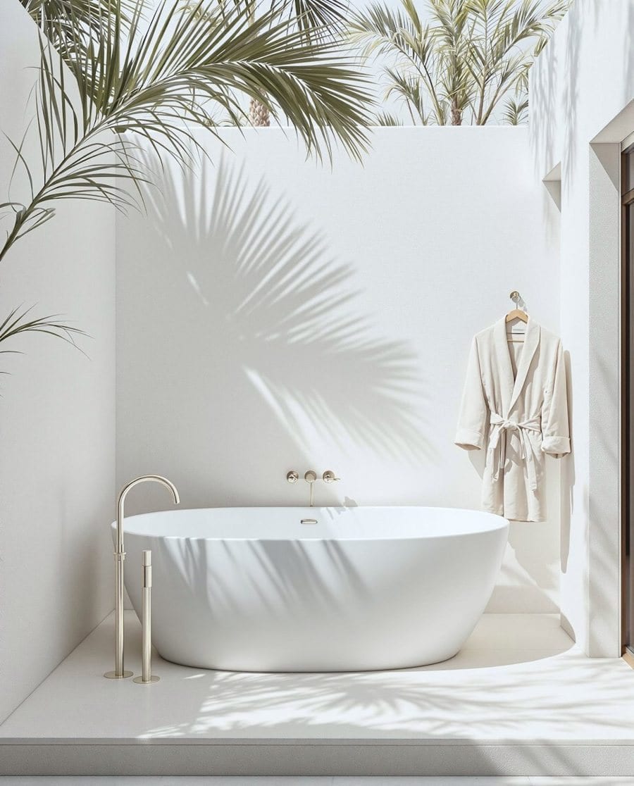 Freestanding bath in a sunlit white courtyard with palm shadows